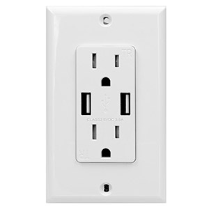 USI Electric 15 Amp Type A USB Charger Wall Outlet, White - USB2R2WH15A36